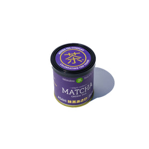 A purple tin of matcha green tea by Mizuba Tea Co.