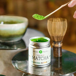 Shirakawa Matcha green tea by Mizuba Tea Co with bamboo chasen whisk and bamboo chashaku spoon