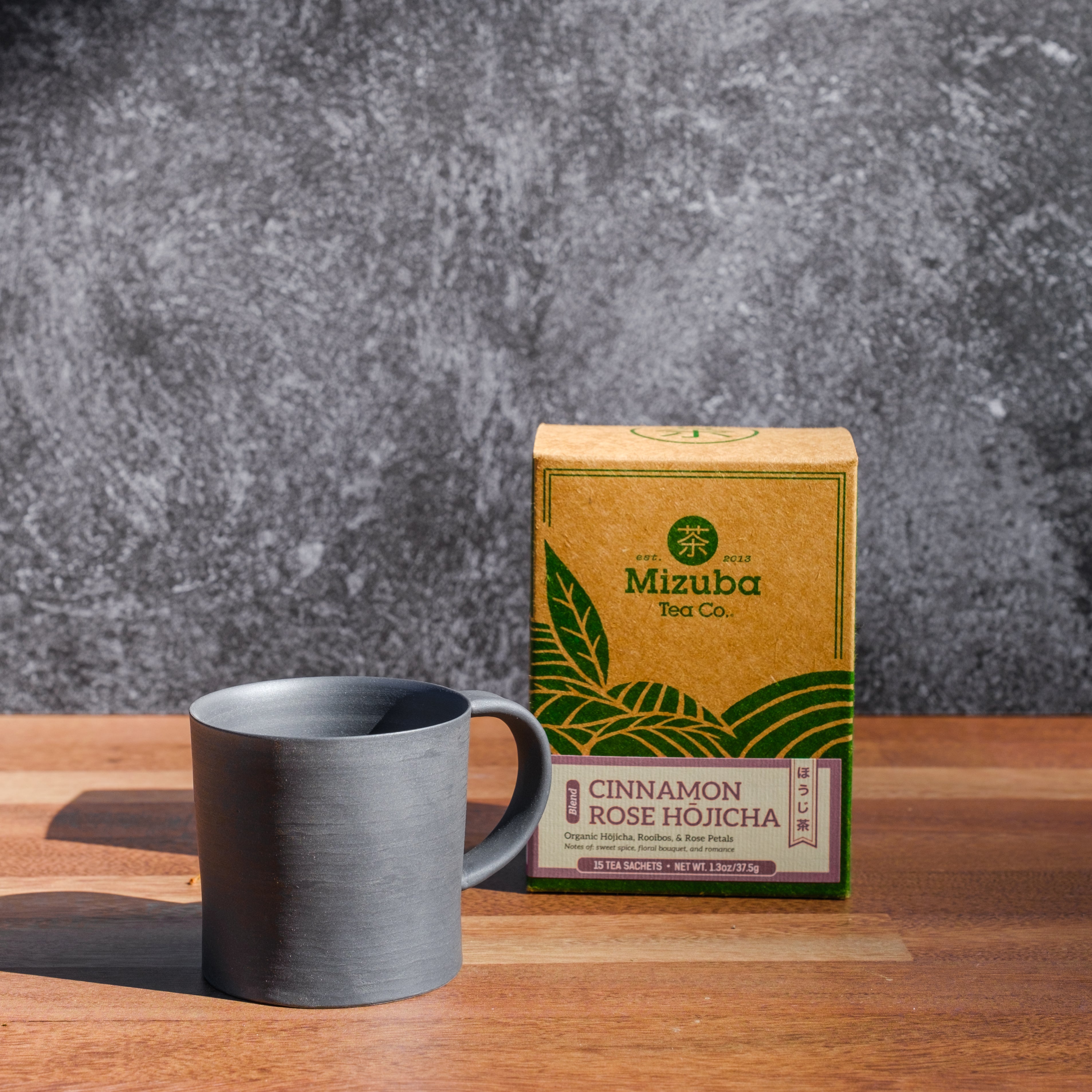 Japanese made mug with cinnamon rose hojicha tea by Mizuba Tea Co.