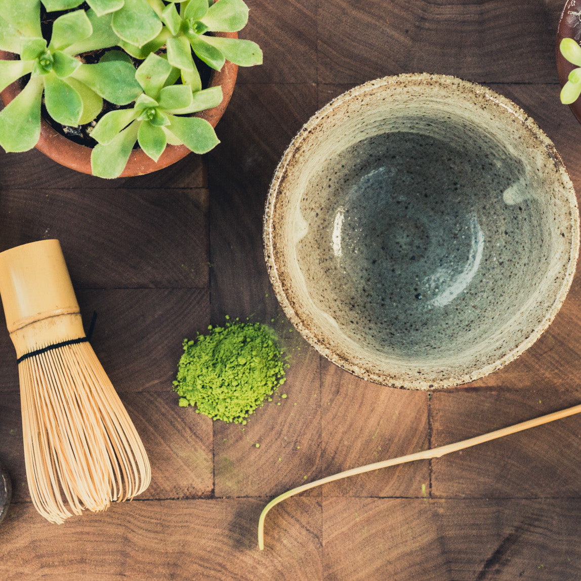 Mizuba Tea Co. chasen, Uji matcha, and chawan tea bowl.