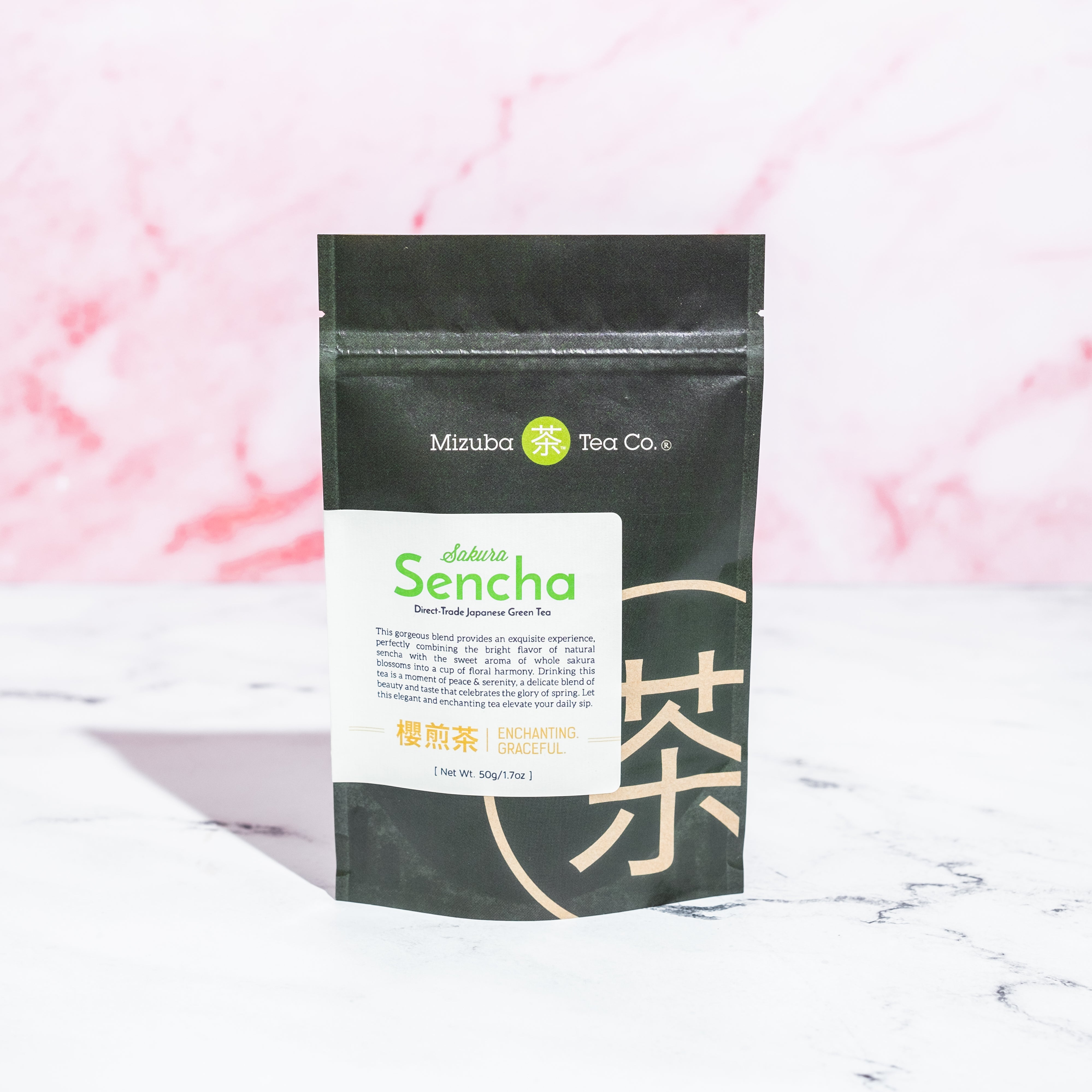 Sakura Sencha loose leaf tea with whole cherry blossoms by Mizuba Tea Co