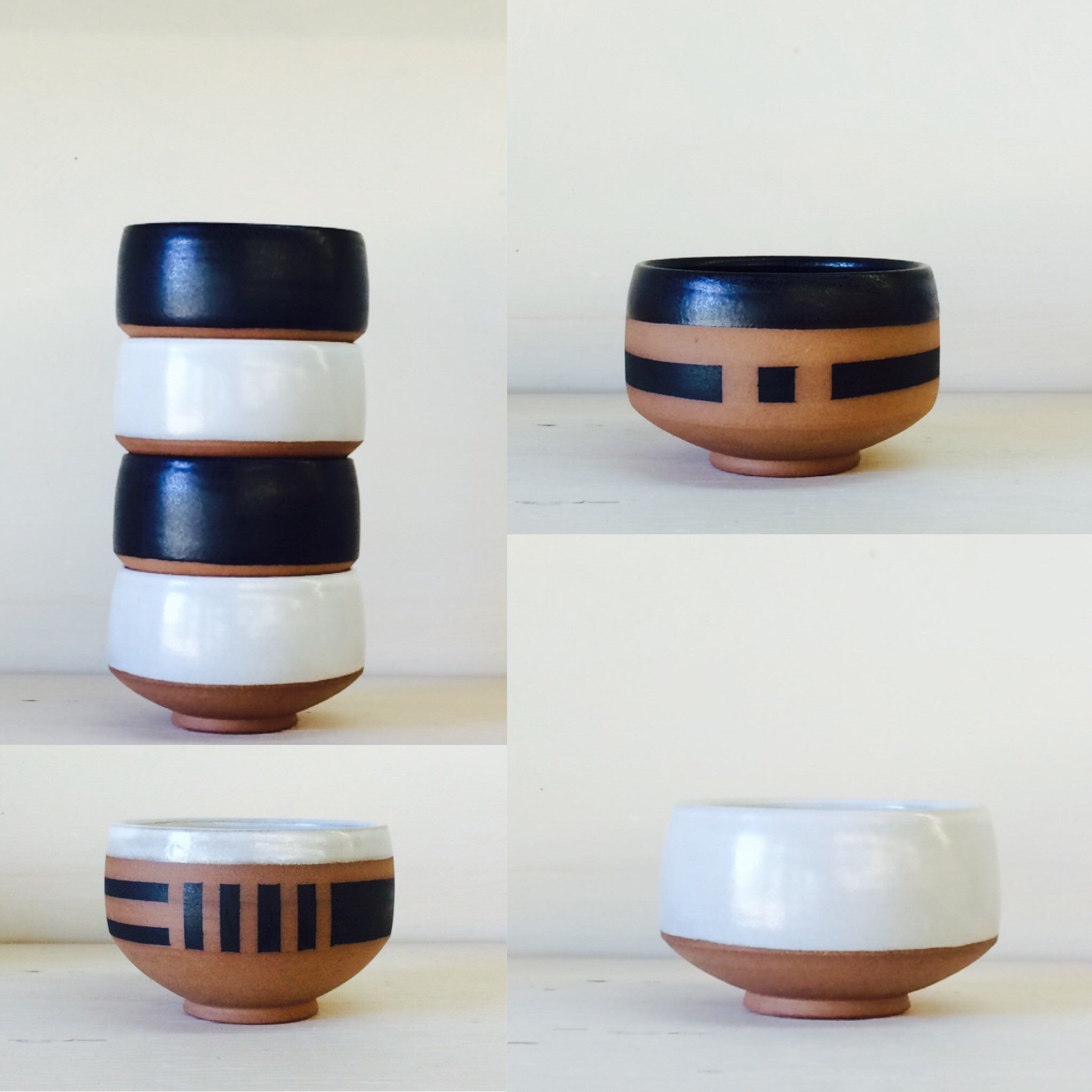 7 handmade ceramic black and white tea bowls