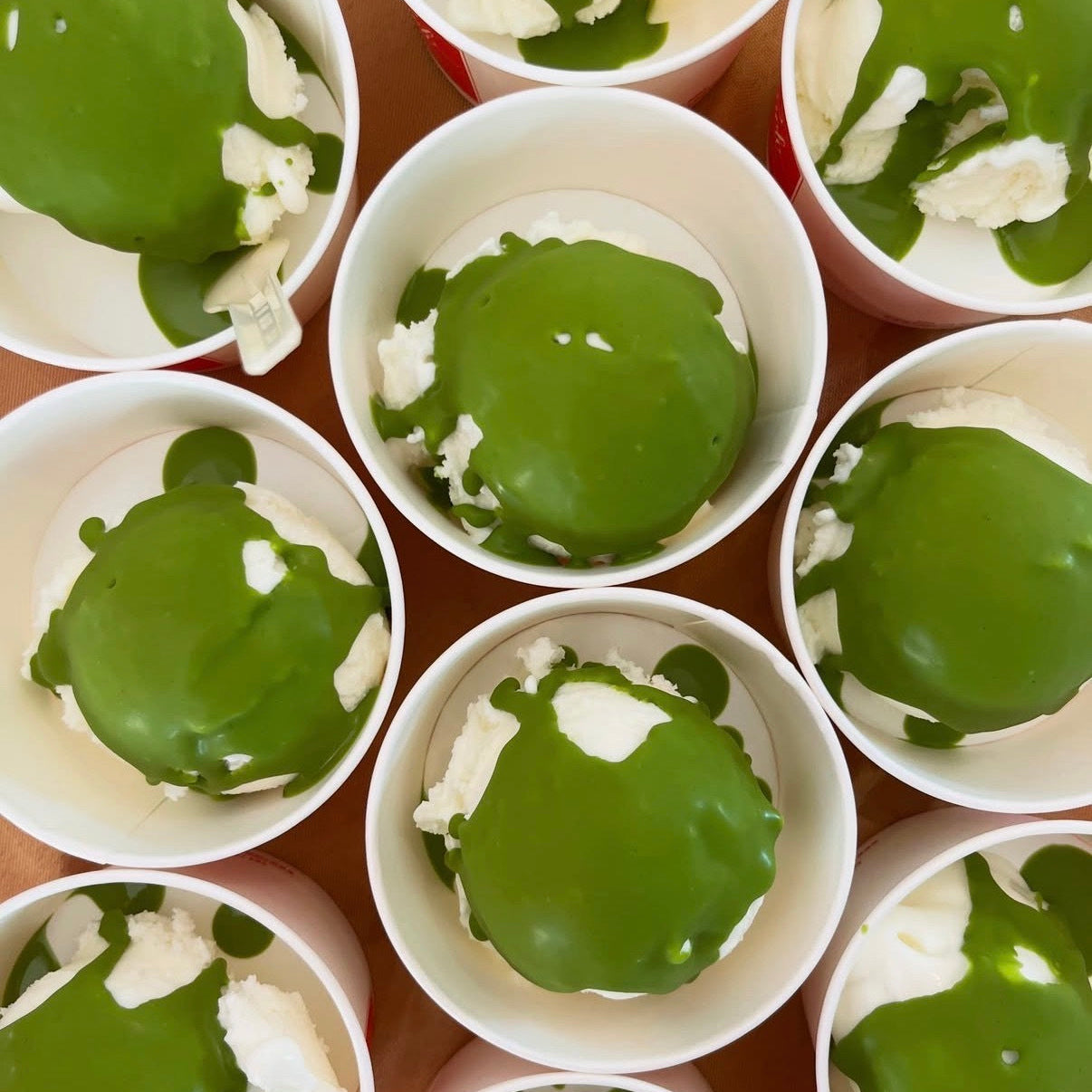Matcha magic shell over white ice cream