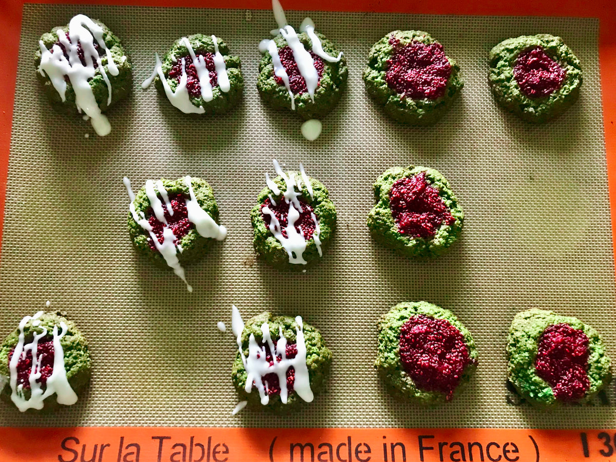 Raspberry Chia Seed Jam Matcha Thumbprint Cookies | Mizuba Tea Co.
