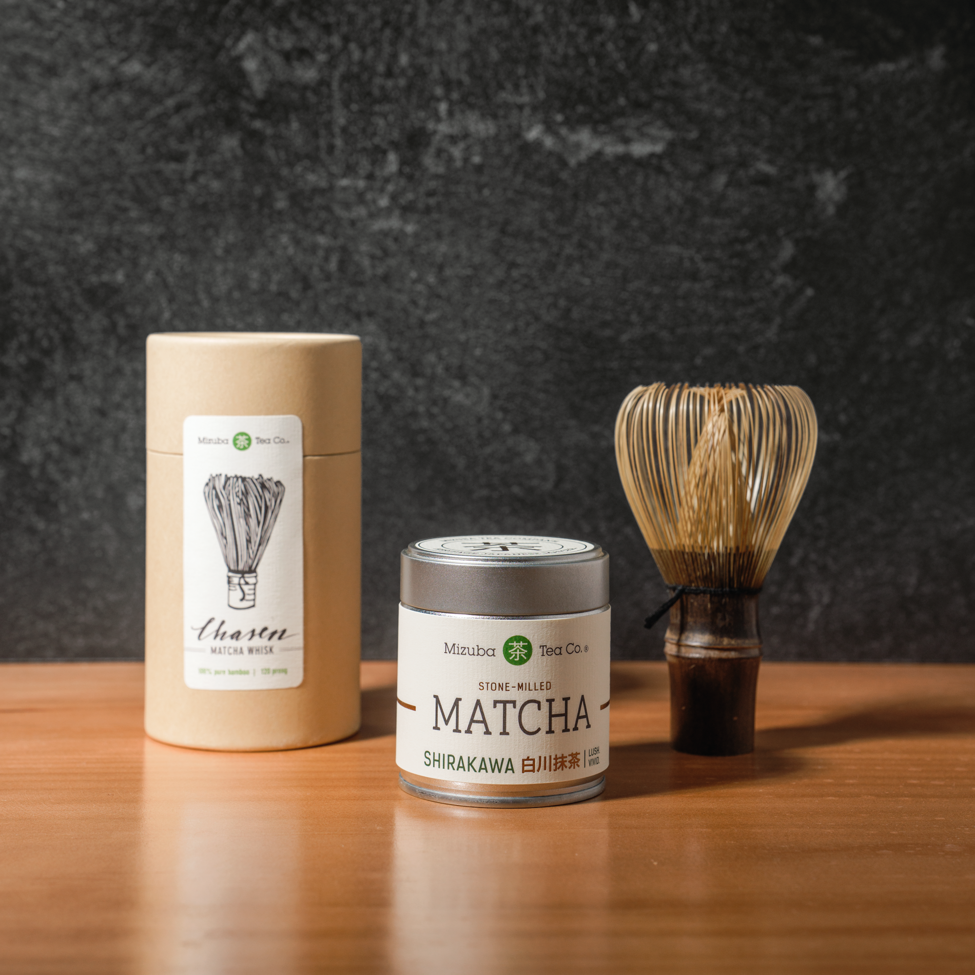 Mizuba Luxury Matcha Set includes Dark Wood Chasen and a tin of Ceremonial Shirakawa Matcha