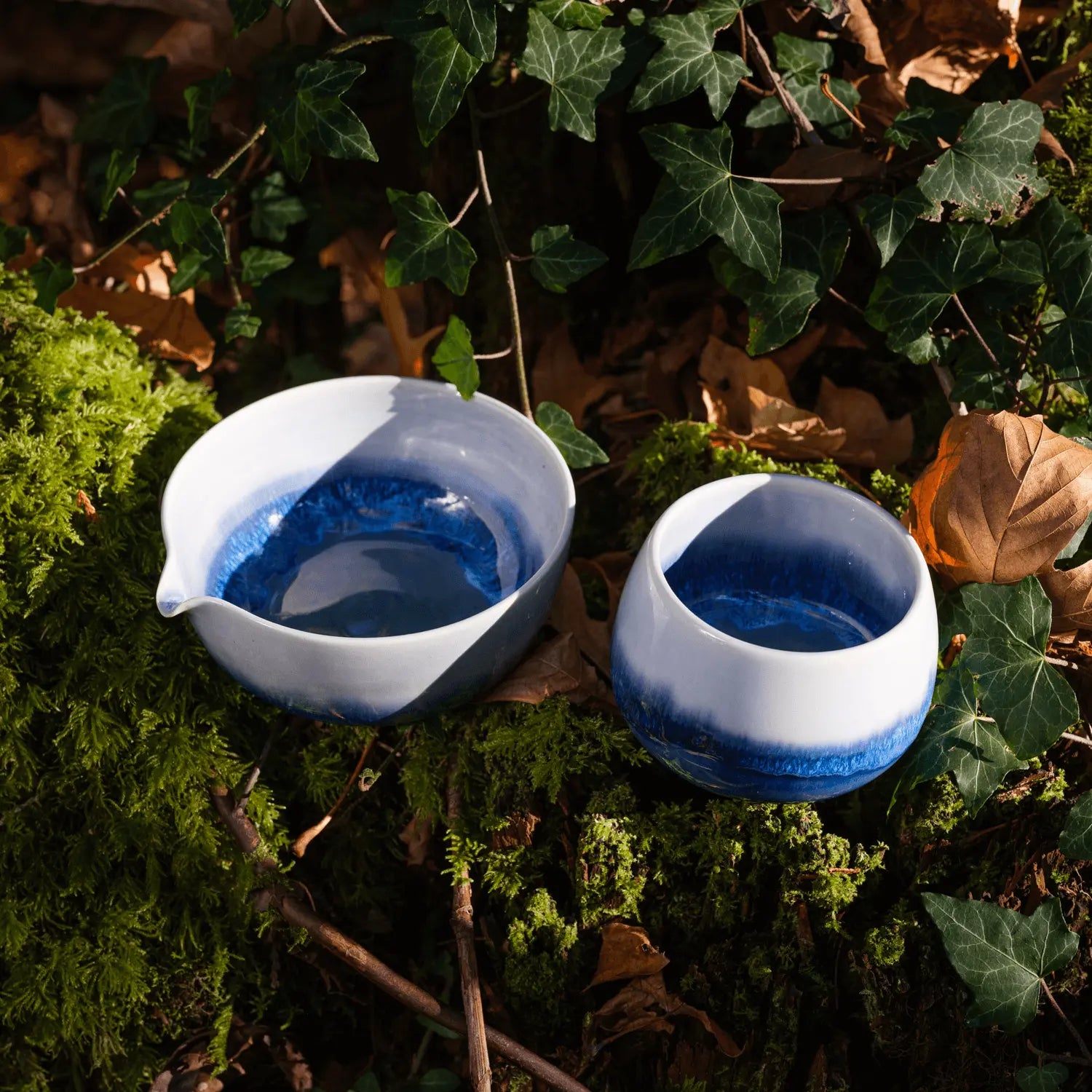 OWIU Horizon series chawan on a moss log in the forrest.