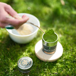 A hand scoops organic matcha green tea from a Mizuba Tea Co tin. The tin is sitting on a fresh green lawn.