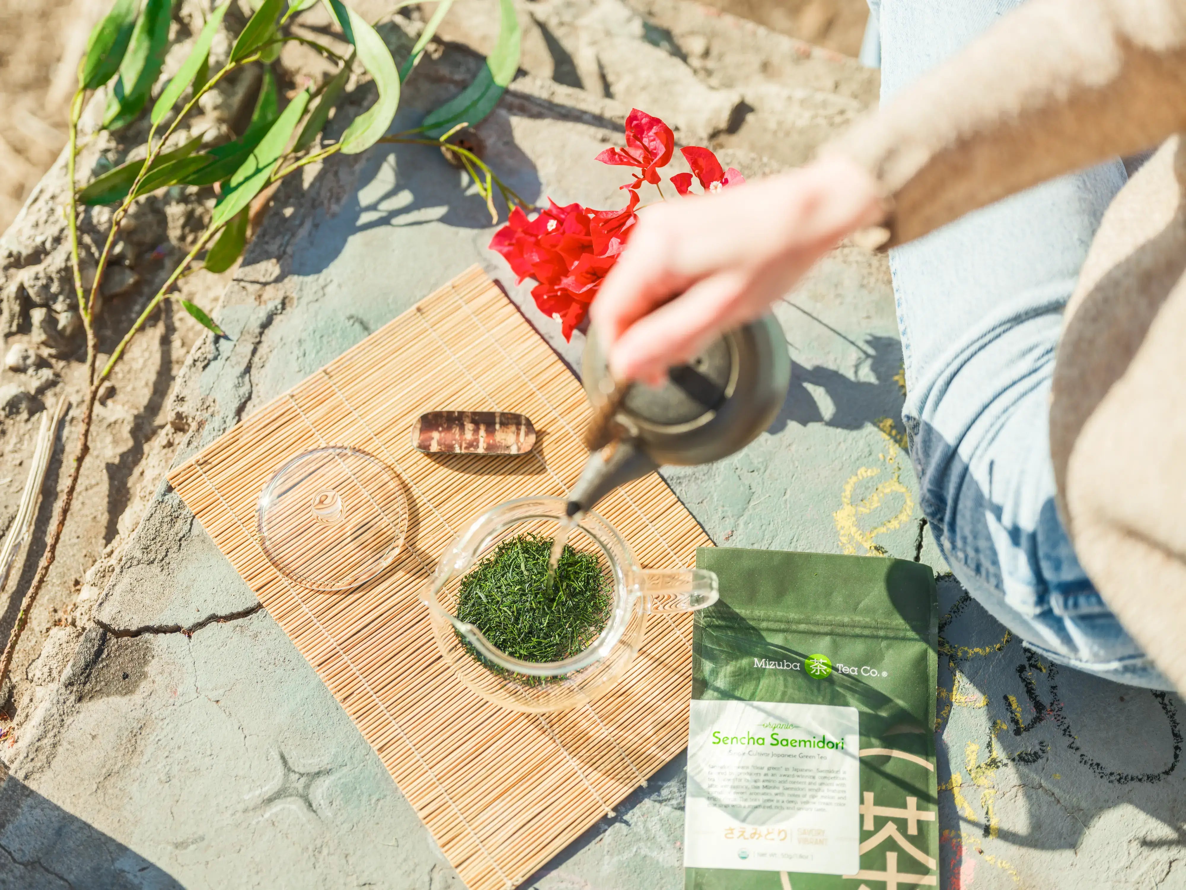 Person pouring hot water over loose leaf sencha matcha