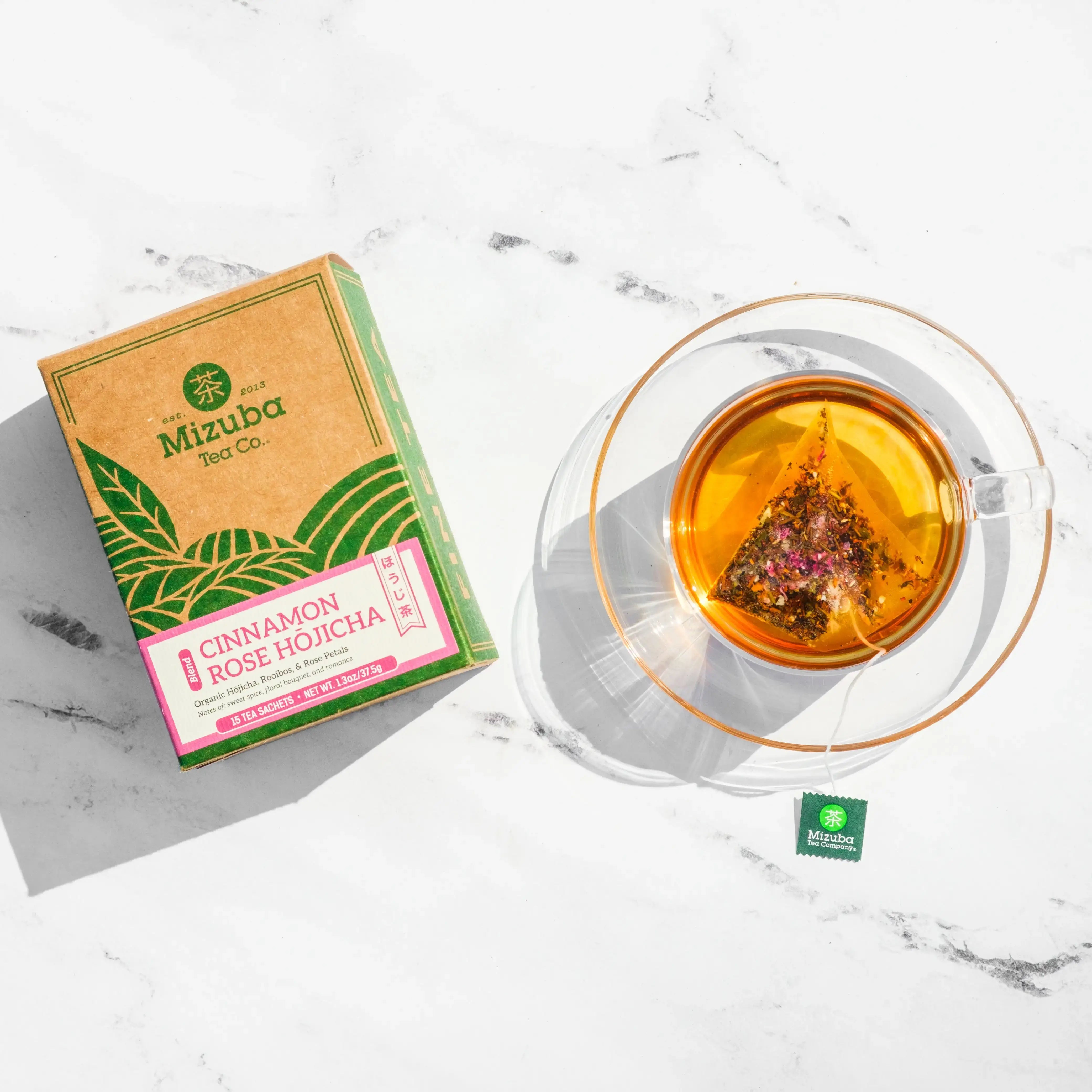 Cinnamon Rose Hojicha. Plant based tea bags by Mizuba Tea Co.