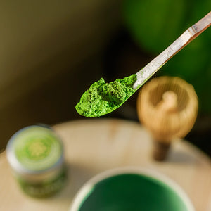 Uji Hikari powdered matcha on a matcha spoon