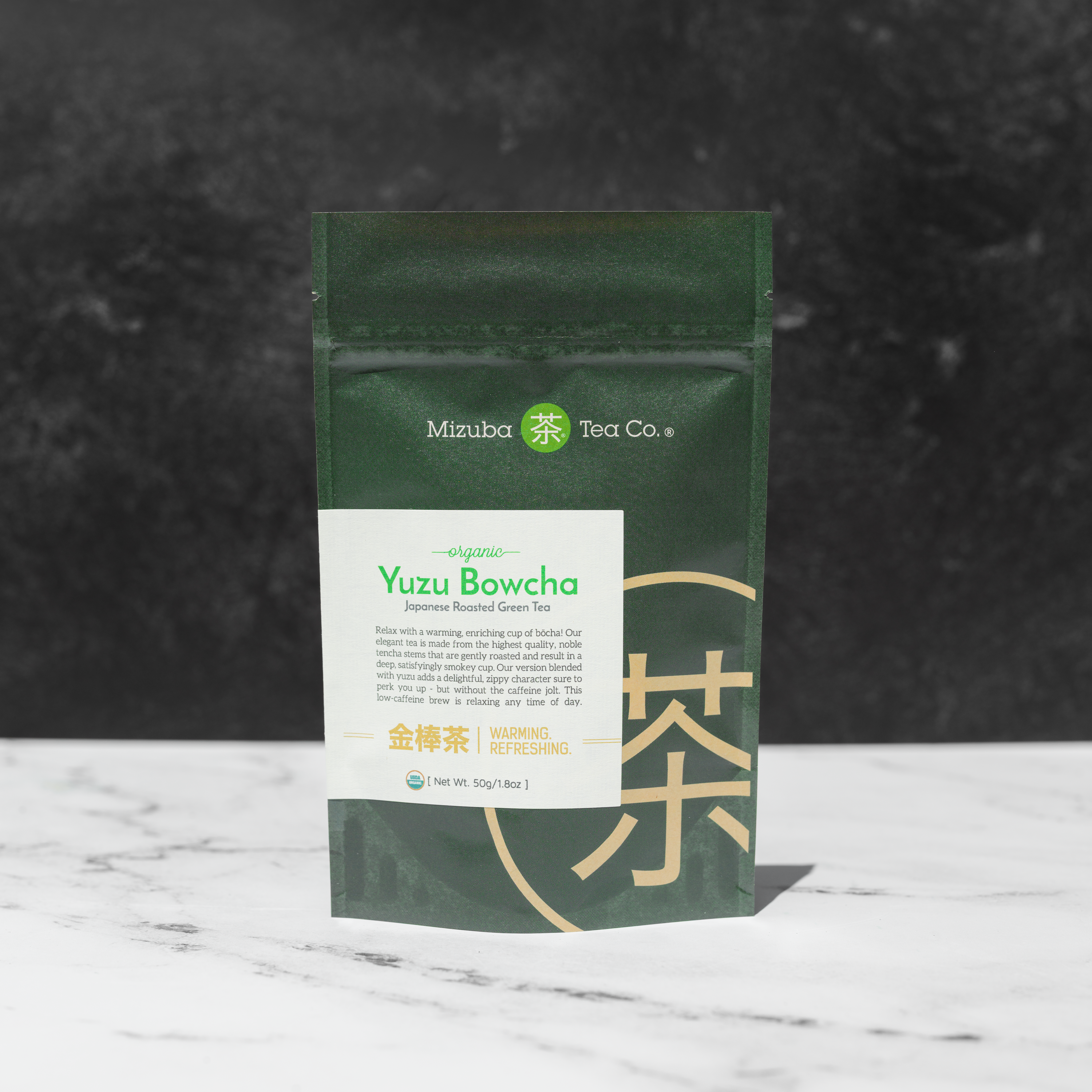 A bag of Mizuba Yuzu Hojicha Bowcha Japanese Tea