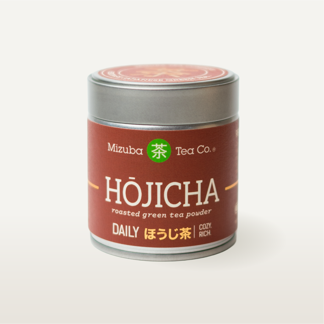 Mizuba Tea Co. Hojicha roasted green tea powder canister on a white background