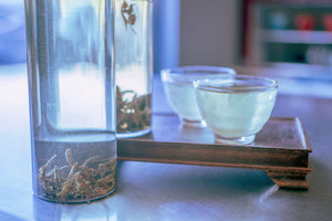 Hario glass iced tea server with two heatproof teacups 