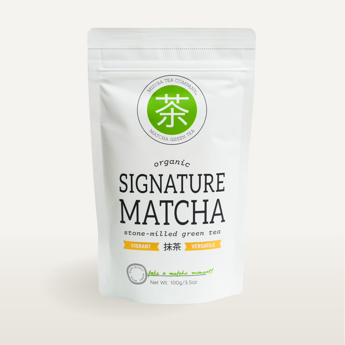 Package of Mizuba Tea Company organic signature matcha green tea on a white background. Best for matcha lattes.