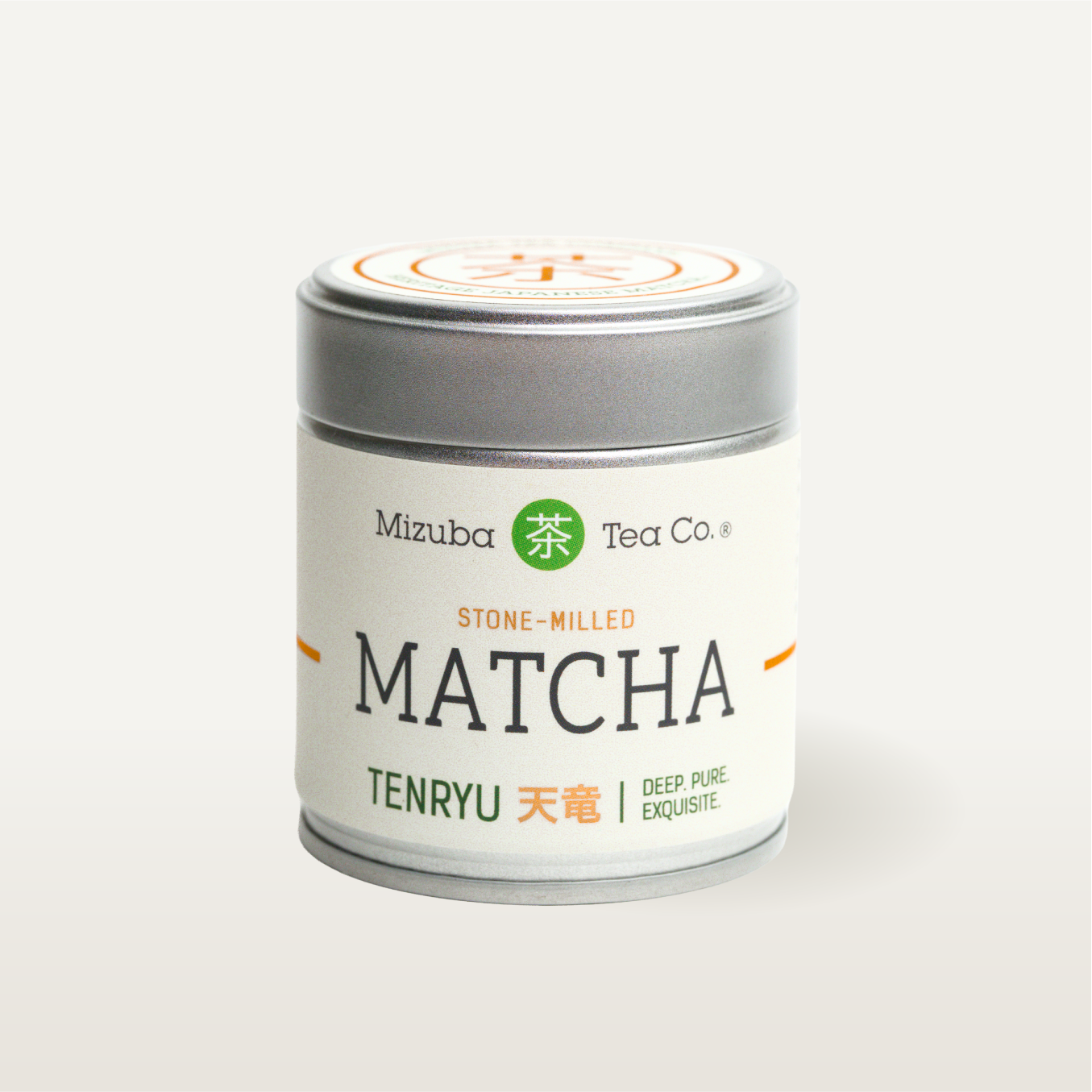 Mizuba Matcha Tenryu tea canister on a white background
