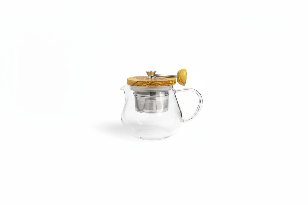 Hario glass and olive wood tea pot with built-in metal strainer for loose leaf tea. 