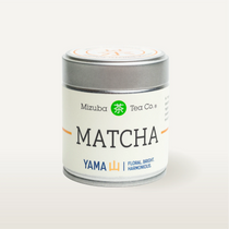 Yama matcha tin on a white background
