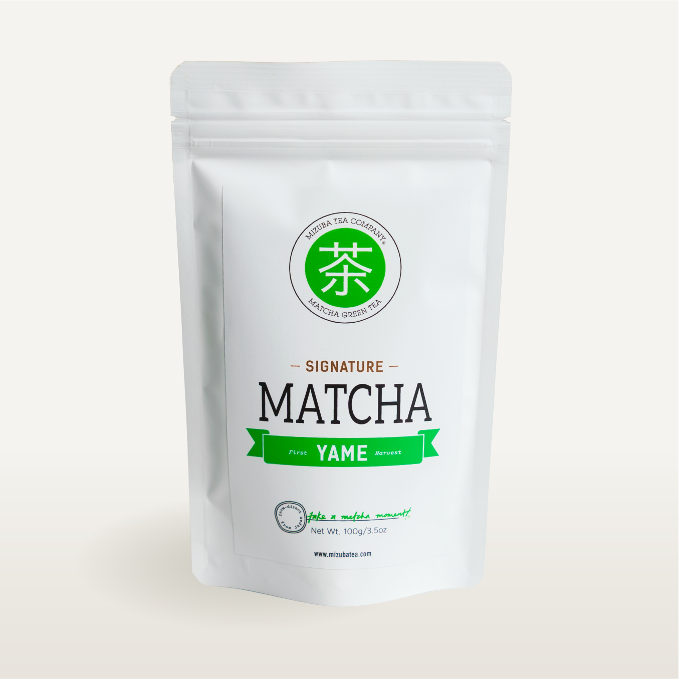 Mizuba First Harvest Yame Matcha Green Tea from Japan in a white stand bag.
