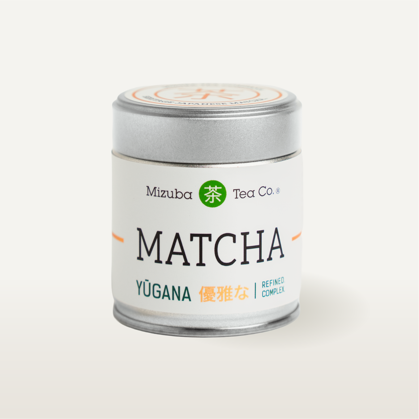 Yugana Matcha powder tin on a white background