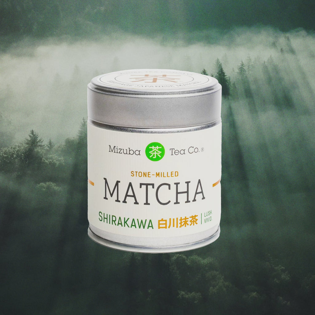 A tin of Mizuba Tea Co. Shirakawa matcha green tea from Japan superimposed on a cloudy forest scene