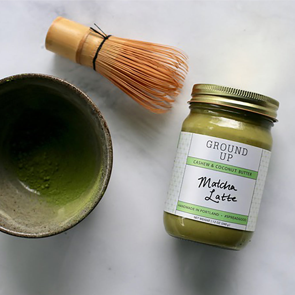Matcha Chawan Bowl with Matcha Whisk and Jar of Ground Up Mizuba Matcha Latter Butter