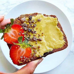 Toast with Strawberries and Mizuba Ground Up Matcha Latte Butter